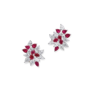 Elegant floral cluster stud earrings with pear-cut rubies and sparkling diamonds