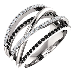 Multi-layer interlocking silver ring featuring pavé-set black and white sparkling stones