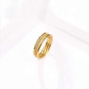 Detail of gold multilayer ring featuring textured frosted bands and polished finishes