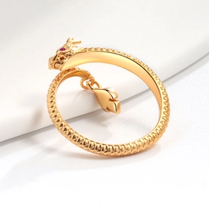 Vintage golden dragon wrap ring with red zircon eye and detailed scale engraving