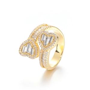 Detailed view of double heart open ring with square cut and round cubic zirconia