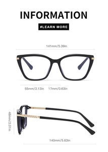 Detailed size specifications for cat-eye glasses frame with golden metal temples