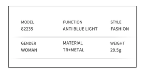 Detailed size and material specifications for model 82235 cat eye anti-blue light glasses