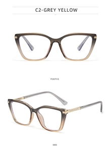 Detailed views of grey yellow gradient cat eye frames with crystal-encrusted metal hinges