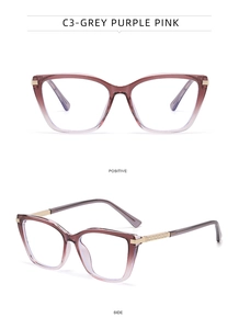 Detail view of cat-eye glasses frame C3 in gradient grey purple pink with gold metal temples