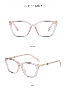 Detailed macro view of pink grey cat-eye glasses frame with gold diamond hinge accents