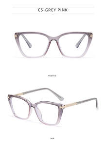 Cat eye glasses in grey pink gradient with gold metal accents and tiny rhinestones