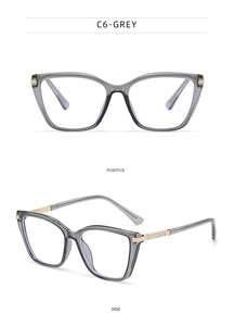 Front and side views of cat-eye glasses with grey frames and gold textured metal temples