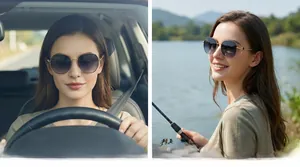Detail of square oversized polarized sunglasses with gradient lenses in driving scene