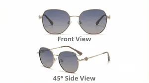 Front and 45-degree side views of fashion square gradient sunglasses with gold metal frame