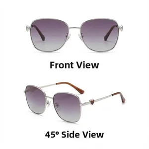 Detailed front and side views of square polarized sunglasses with heart accents