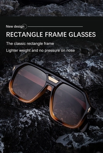 Detail of square polarized sunglasses with gold grid bridge on dark rocky surface