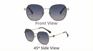 Detailed front and side view of square oversized gradient sunglasses with gold metal frame