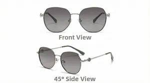Front and side views of square metal sunglasses with silver frames and grey gradient lenses