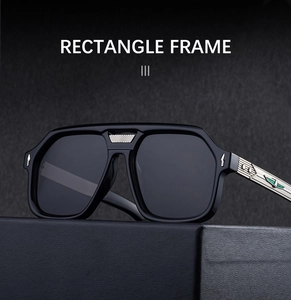 Detail of square polarized sunglasses with silver rivets and metal logo on the temple
