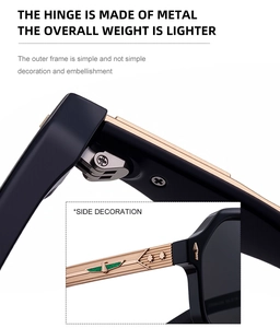 Detail of premium gold metal hinge and star wing relief on black frame sunglasses