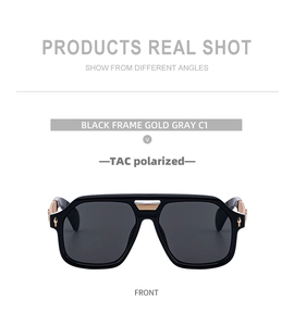 Detail of square pilot polarized sunglasses with gold bridge accents and black frame