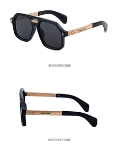Detail view of square polarized sunglasses with gold temples and star eagle relief