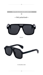 Front and side view of matte black polarized sunglasses with gray TAC lenses for men