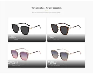 Cat-eye polarized sunglasses showing four colors and lightweight TR frames with gold hinges