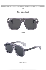 Detail view of matte transparency gray polarized aviator sunglasses with gunmetal accents
