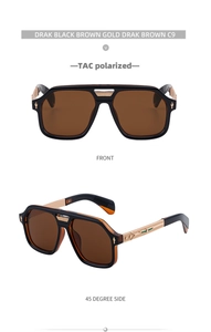 Detail view of square pilot sunglasses with TAC polarized lenses and black gold frame