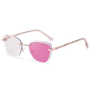 Stylish rimless cat-eye sunglasses with rose gold frame and pink crystal embellishments