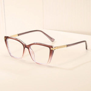 Fashionable cat eye glasses with purple gradient frames and gold metal temple accents