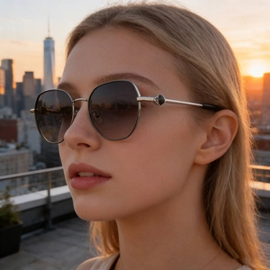 Chic silver square sunglasses with gradient lenses worn by a model in sunset light