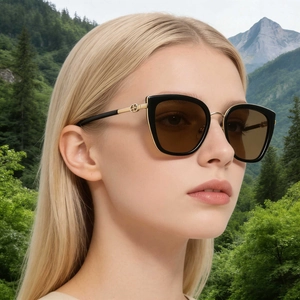 Chic women's cat-eye polarized sunglasses with oversized black frames and gold temples