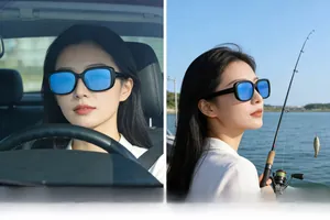 Detail view of square polarized sunglasses with blue lenses in driving and fishing scenes