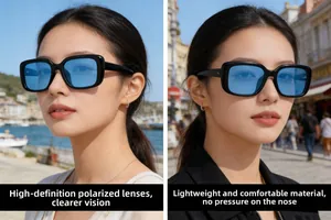Detail showing square frame sunglasses with HD polarized light blue lenses on model