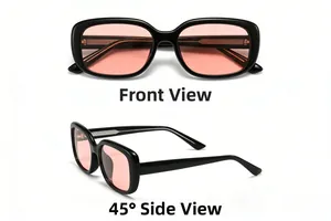 Front and 45-degree side view of black square sunglasses with light pink lenses