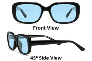 Front and 45-degree side views of black square polarized sunglasses with blue lenses