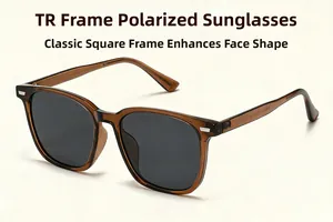 Close-up of translucent brown TR frame and dark grey polarized lens on square sunglasses