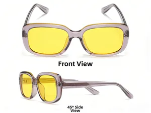 Front and 45-degree angle views of vintage square sunglasses with purple frames and yellow lenses