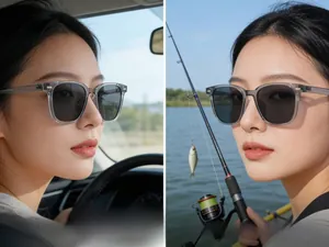 Square polarized sunglasses for driving and fishing shown in outdoor lifestyle scenes