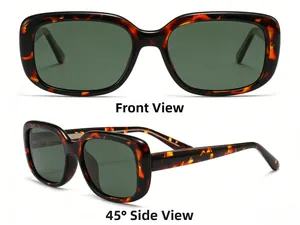 Square polarized sunglasses with tortoiseshell frames and dark green lenses detail view