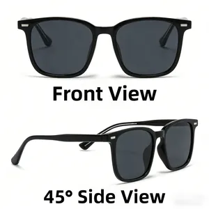 Front and side view of square polarized sunglasses with silver metal frame accents