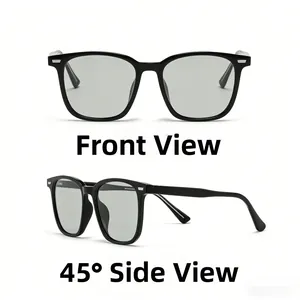 Front and 45-degree side views of square polarized sunglasses with silver rivets