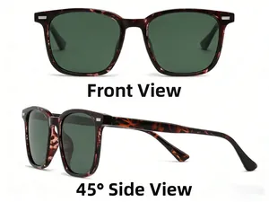 Front and 45-degree views of square tortoiseshell sunglasses with dark green lenses