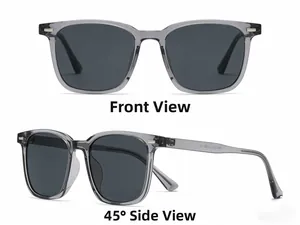 Detailed front and 45-degree angle views of square polarized sunglasses in grey transparent frame