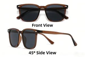 Detail view showing front and 45-degree angle of brown square polarized sunglasses