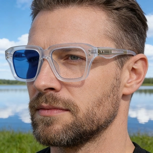 Fashionable square frame photochromic sunglasses for men featuring a clear blue outdoor look