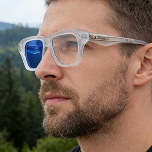 Fashionable square frame photochromic sunglasses with blue reflective lenses for men