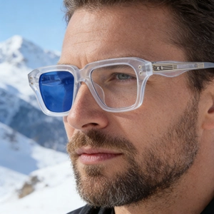 Close-up of square photochromic sunglasses with blue lenses and silver metal details