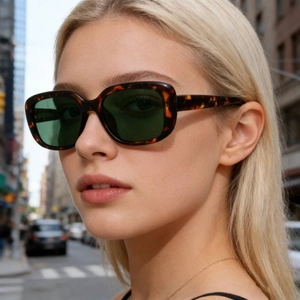 Fashionable square tortoiseshell polarized sunglasses with green lenses for women's outdoor use