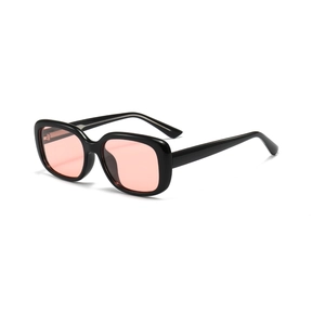 Modern square frame sunglasses with black glossy frames and light pink lenses