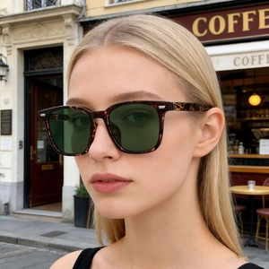 Fashionable tortoise shell square polarized sunglasses with dark green lenses and metal rivets