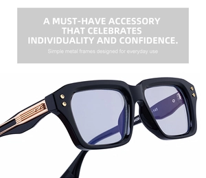 Detail of black square frame sunglasses featuring golden stripe metal temple accents